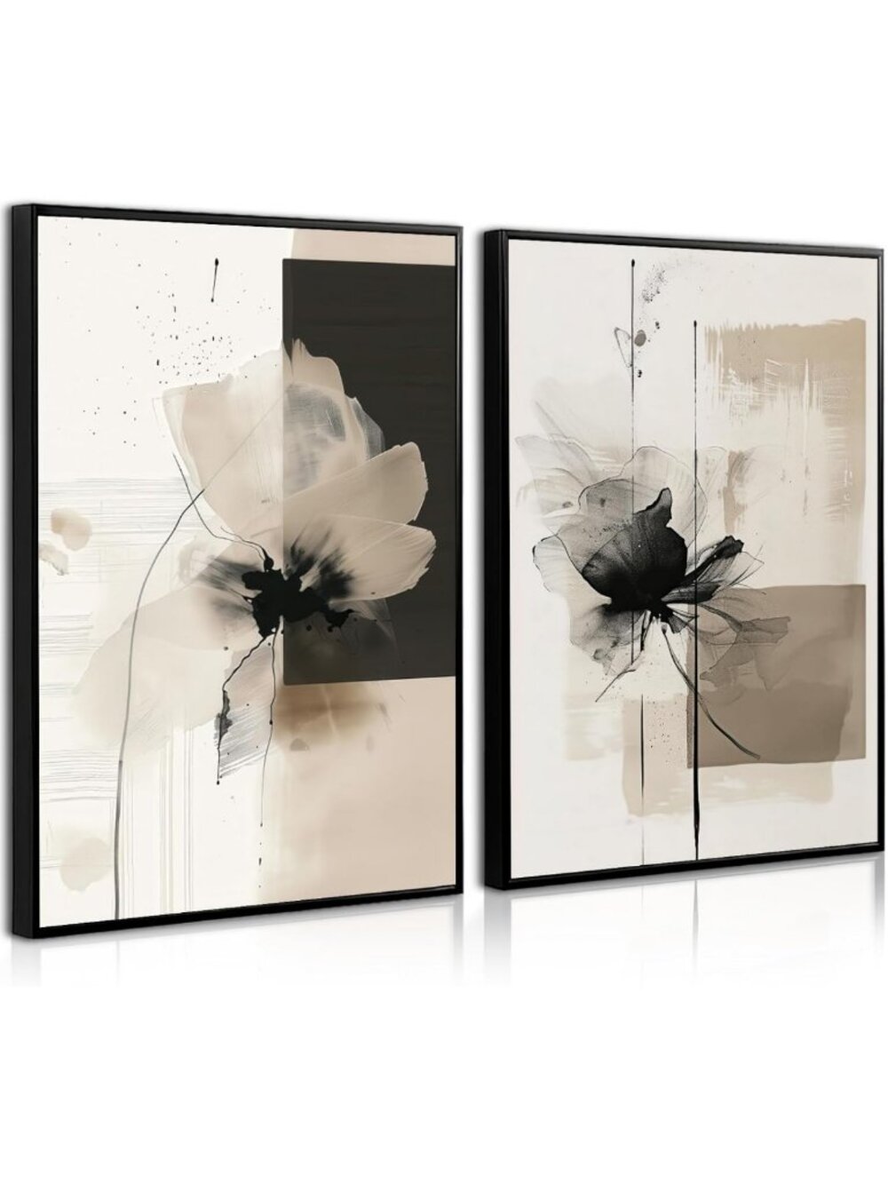 Modern Abstract Floral Canvas Art Set of 2 - Minimalist Beige & Black Decor for